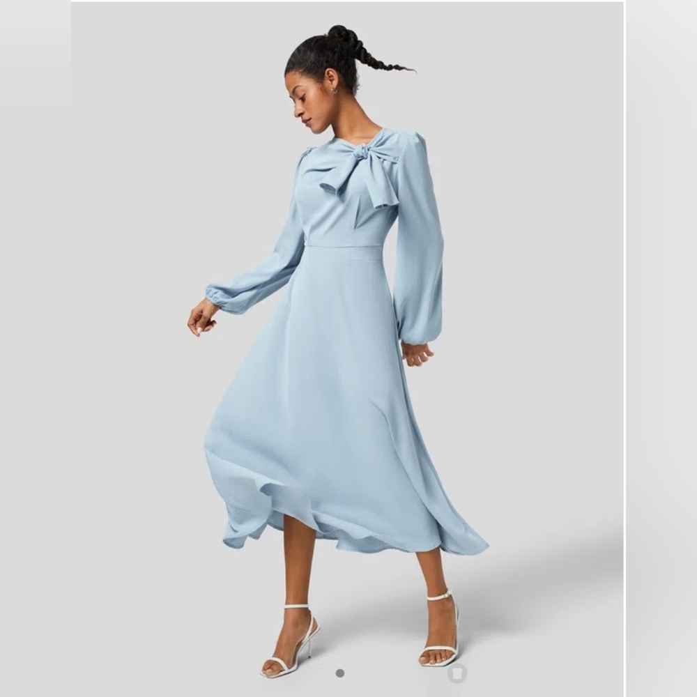 🛍HALARA Tie Neck Puff Long Sleeve Back Zipper Flowy Midi Work Dress,Large - Picture 6 of 16